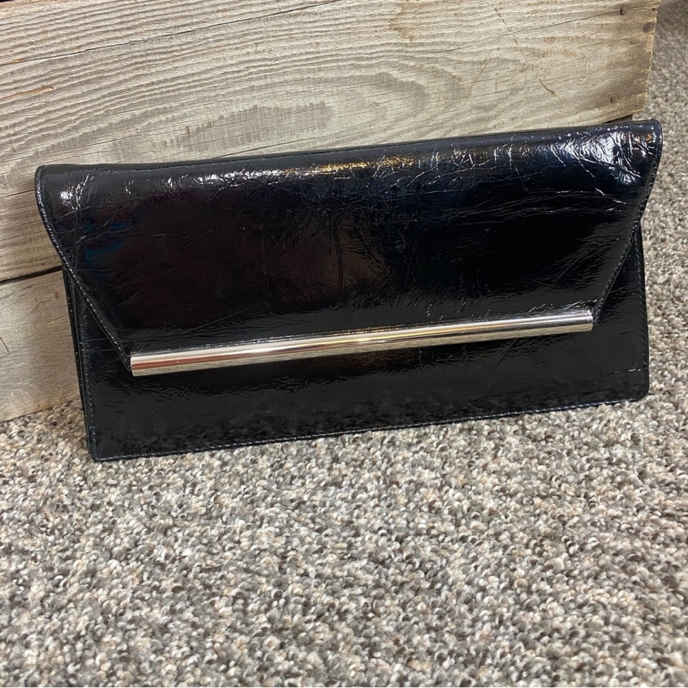 Chic Black Patent Leather Clutch with Silver Accent - by Fortuna Valentino